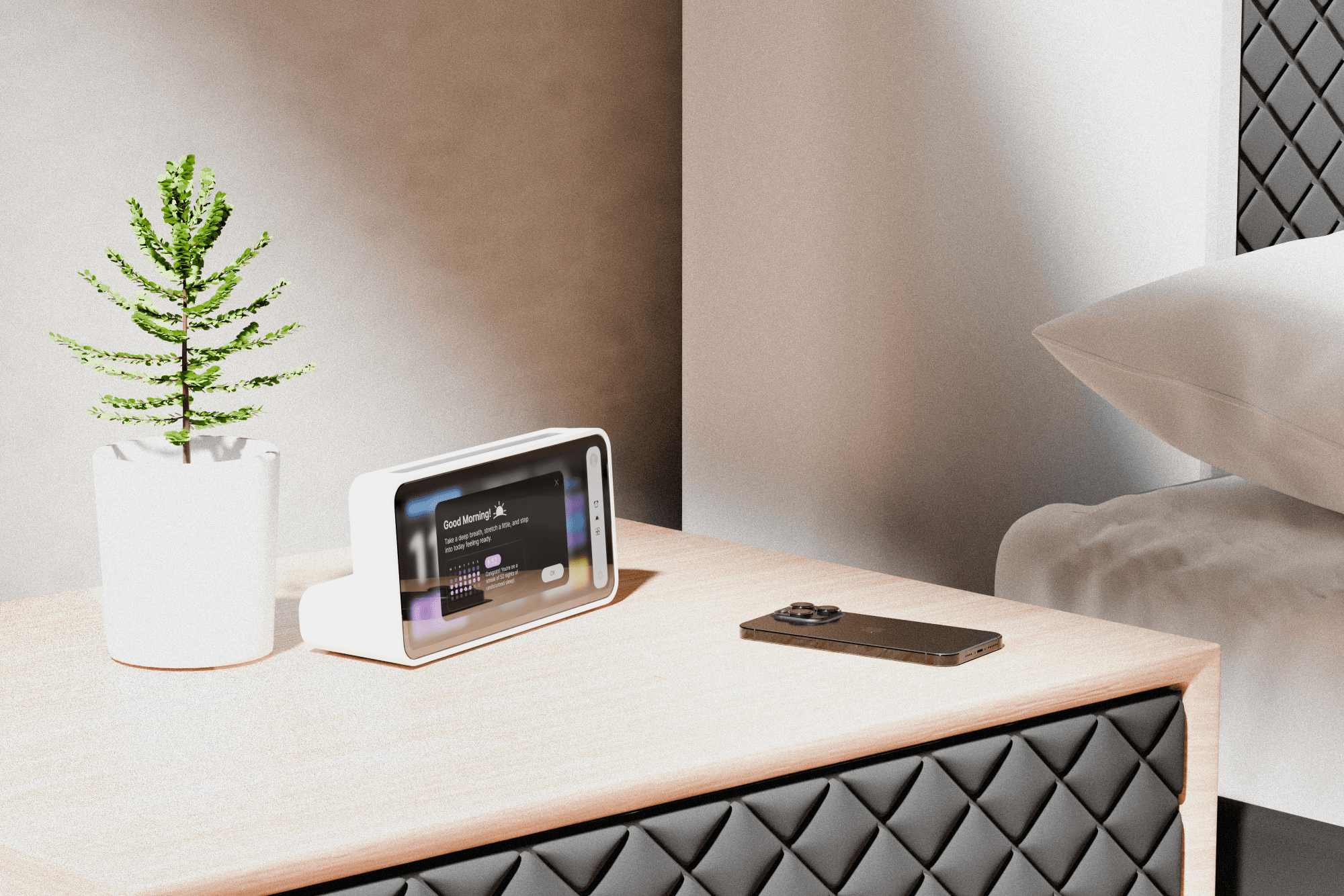 Snoozy on a bedside table with a phone inside