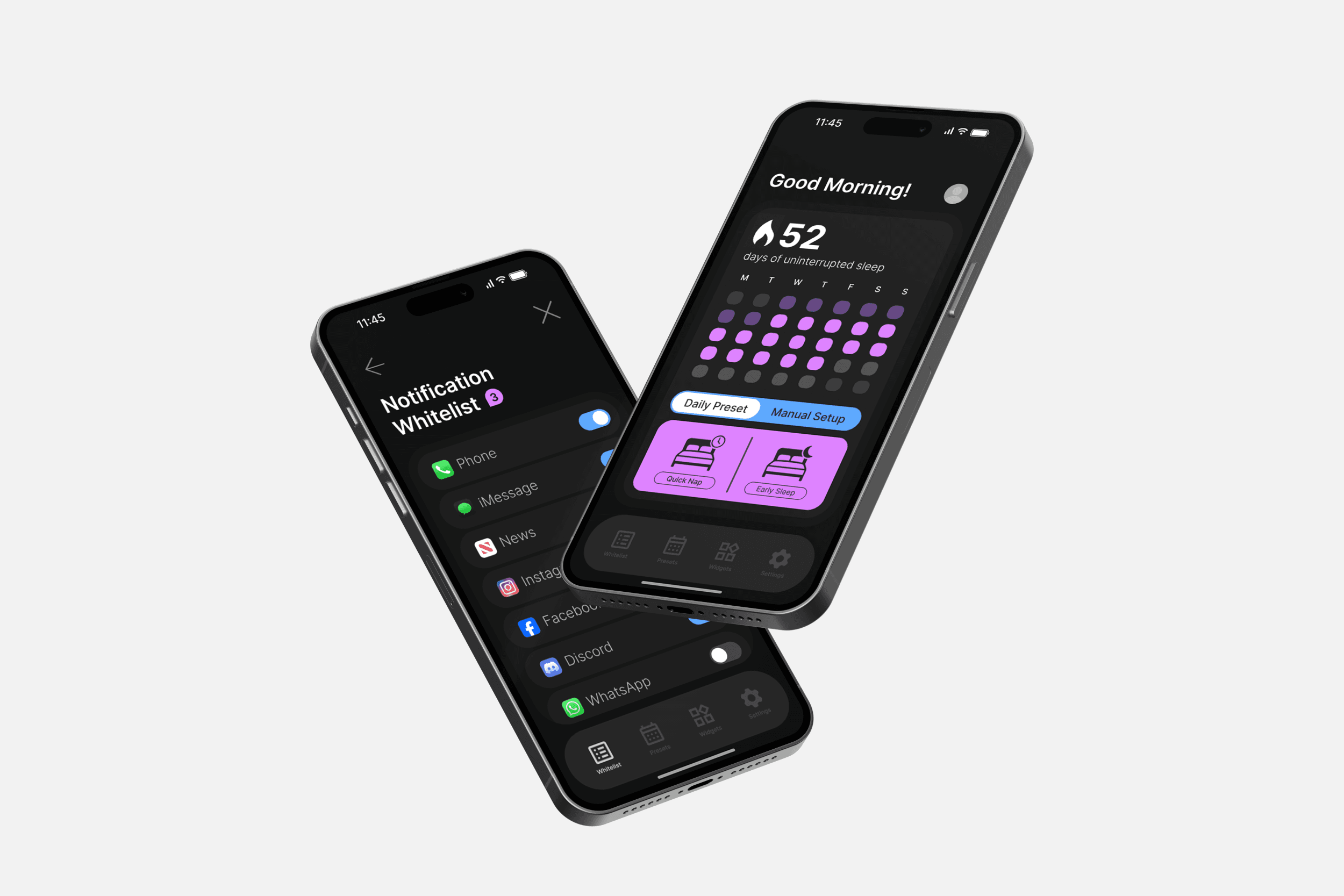 Snoozy app showing notification whitelist and streaks